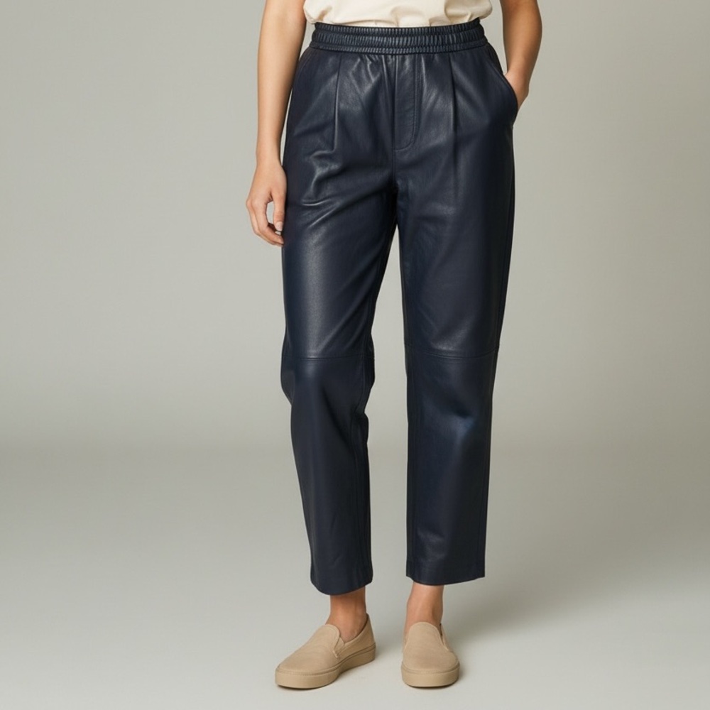JOIE Navy Lambskin Cropped Leather Pants Size XS